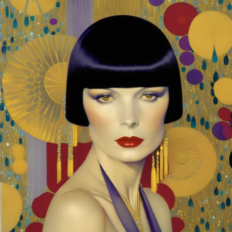 Woman with Bob Haircut and Red Lips on Gold Background