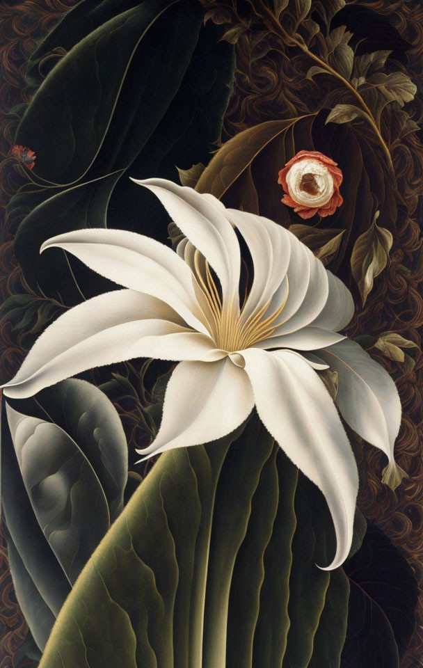 Botanical painting of white magnolia blossom with green leaves and red flower