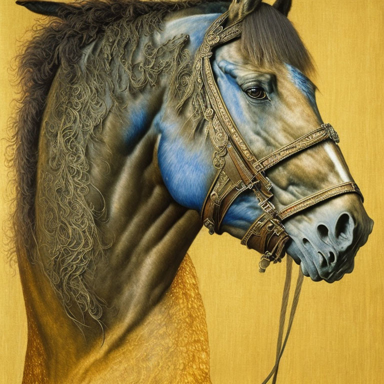 Detailed painting of horse with braided mane and ornate bridle on golden yellow background