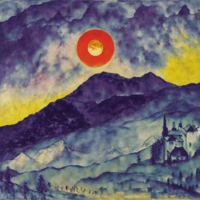 Mountainous landscape at dusk with red sun and castle.