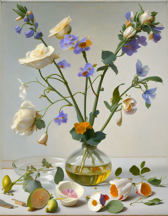 Floral still-life painting with glass vase, citrus fruits, and petals