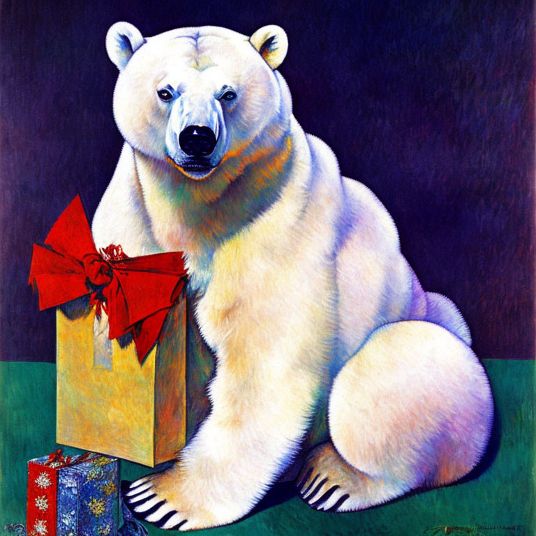 Colorful Polar Bear Holding Gift Box in Vibrant Illustration