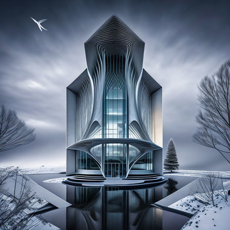 Futuristic glass and steel building in snowy landscape with bird and cloudy sky