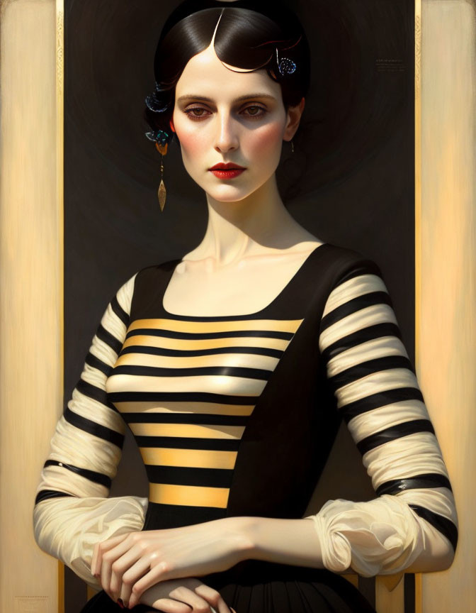 Portrait of woman with pale skin, dark wavy hair, black and gold dress, red lipstick &