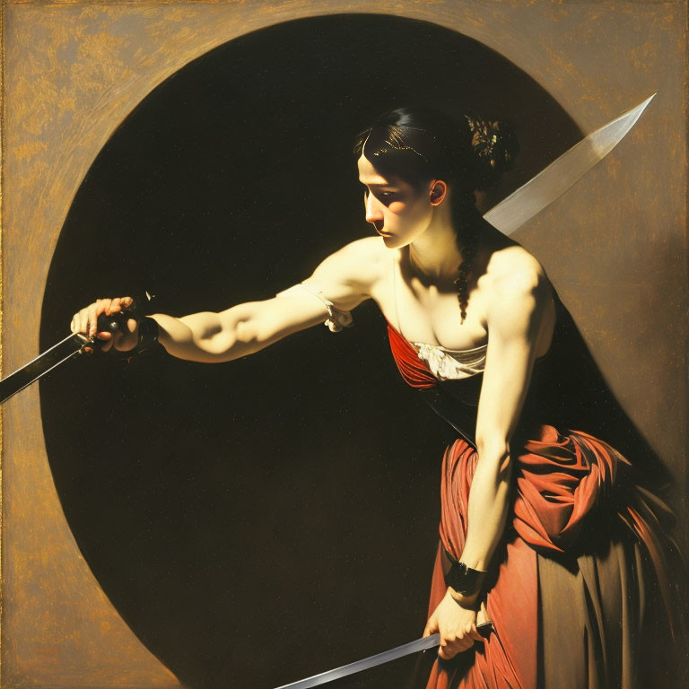 Classical attire woman with sword in dramatic lighting