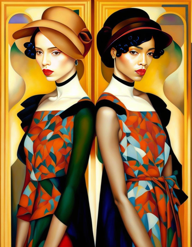 Stylized women in vintage dresses and hats on yellow geometric backdrop