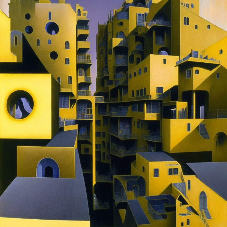 Stacked Yellow Buildings with Round and Arched Windows in Surreal Cityscape