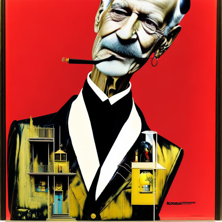 Elongated-faced elderly man in tuxedo with melting pockets surreal art