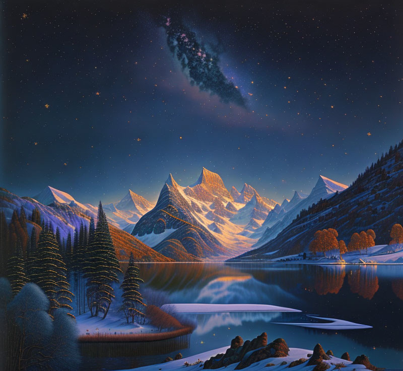 Nighttime lakeside view: snowy mountains, starry sky, Milky Way, autumn forest.