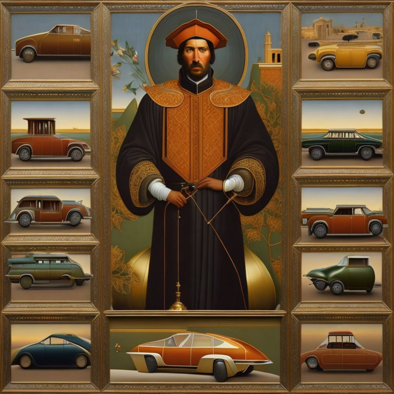 Stylized Renaissance man portrait with classic and futuristic car illustrations