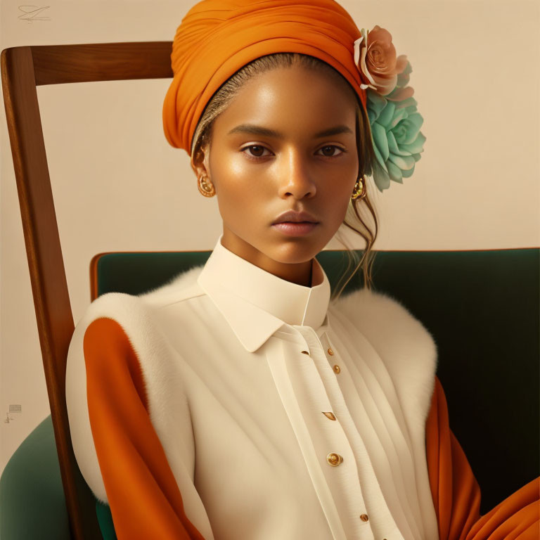 Woman in Orange Headwrap and White Outfit with Fur Accents and Flower Against Green Background