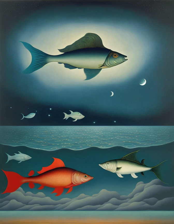 Surreal artwork: Fish in night sky with stars and moon bubbles