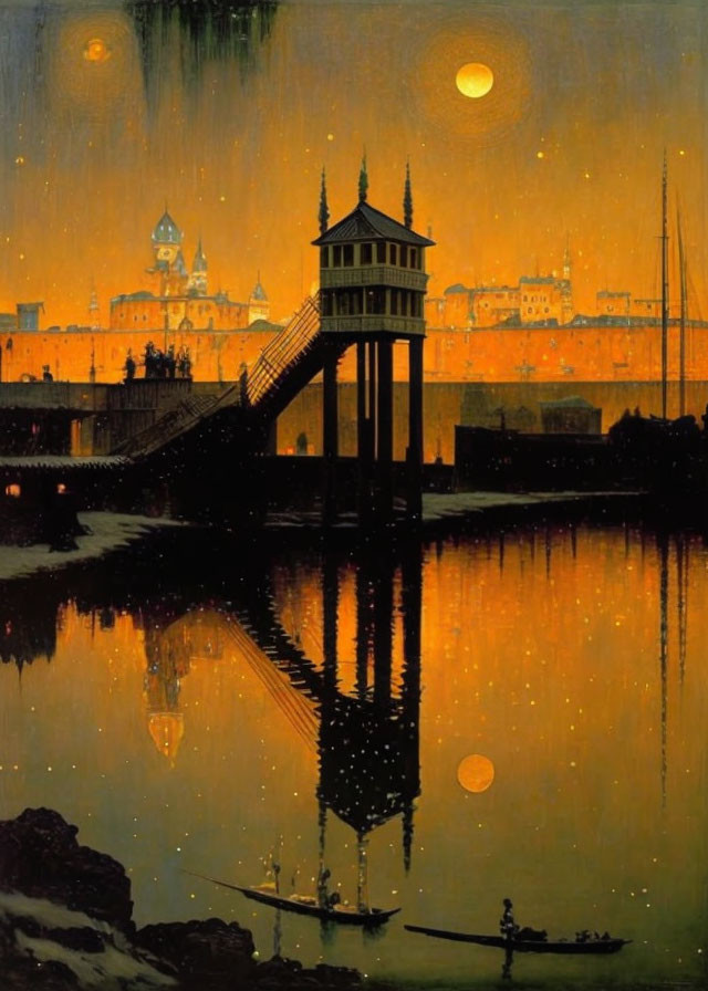 Nocturnal painting of golden cityscape, water reflection, tower with staircase, small boat