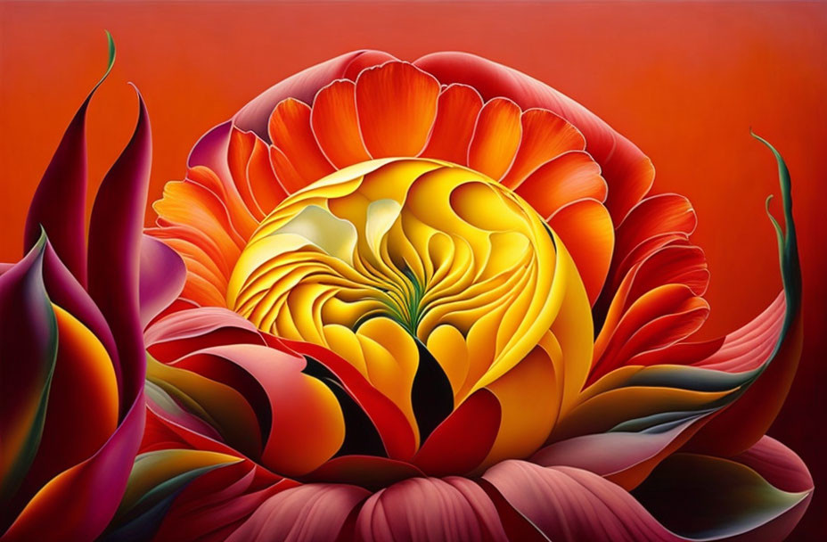 Colorful flower painting with red and yellow petals on orange backdrop