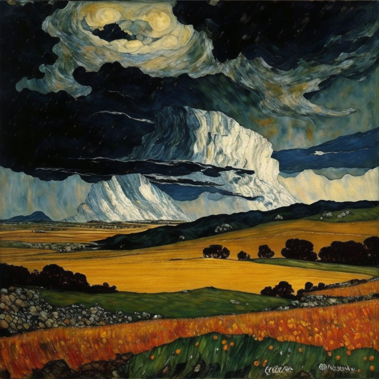 Vivid painting of turbulent sky over serene landscape