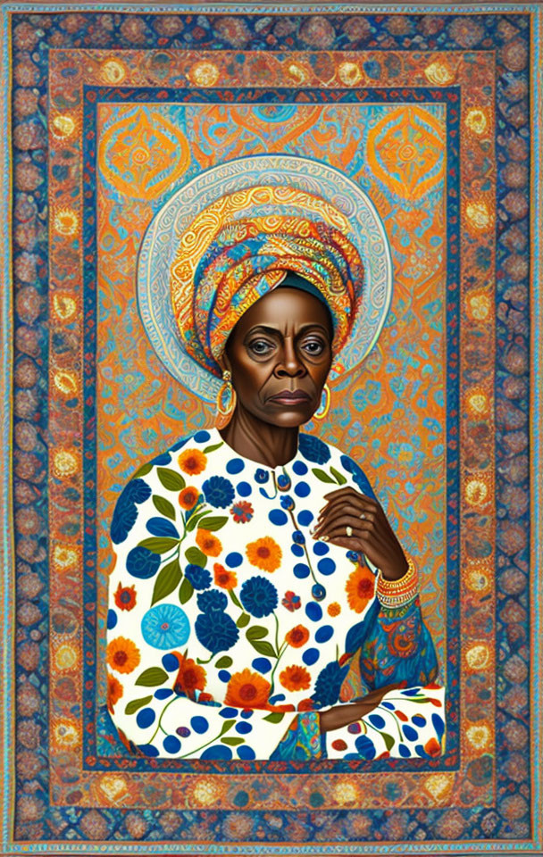 Detailed illustration of woman in intricate headwrap and stylish top.