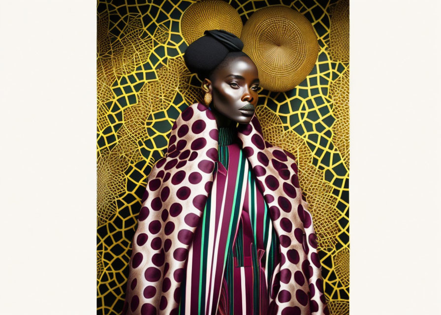 Woman in stylish headwrap, patterned coat, and dress against geometric background