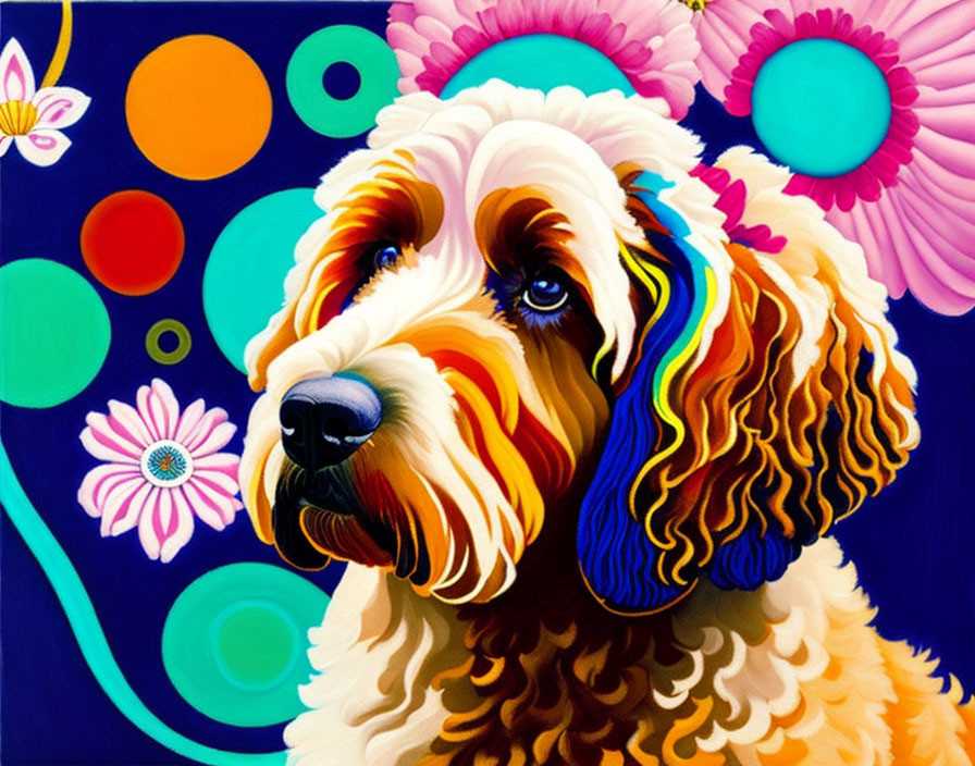 Vibrant dog portrait with rainbow stripes and flowers on blue backdrop