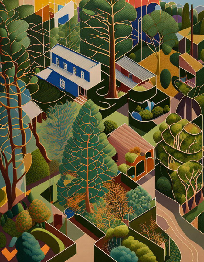 Geometric trees and blue house in stylized residential illustration