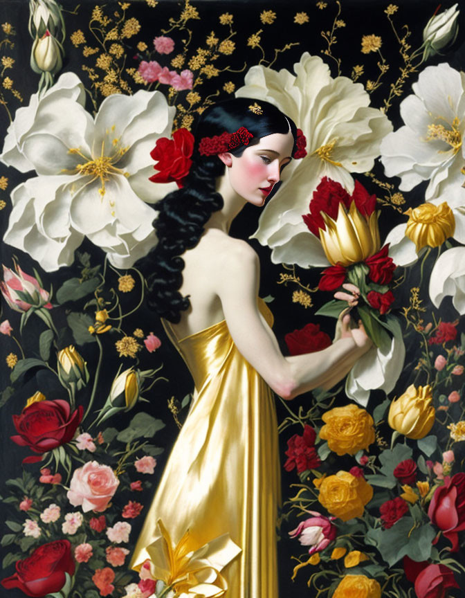 Woman in Golden Dress with Red Floral Headpiece Among White Flowers