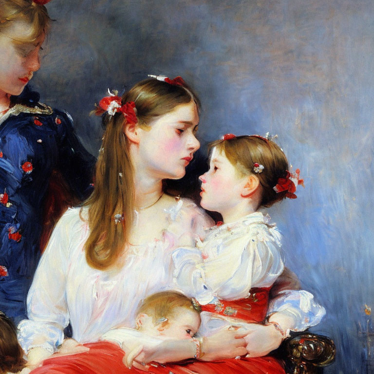 Three Girls Painting: Eldest Holds Baby, Red Flowers in Hair