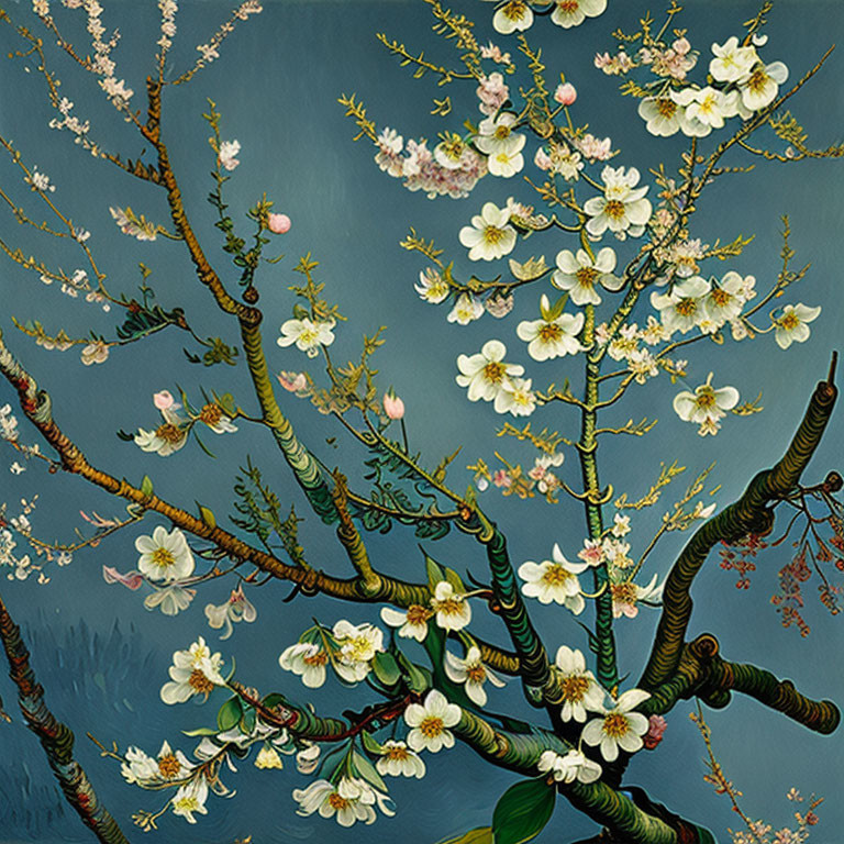 Detailed painting of white and pink blossoming branches on dark background