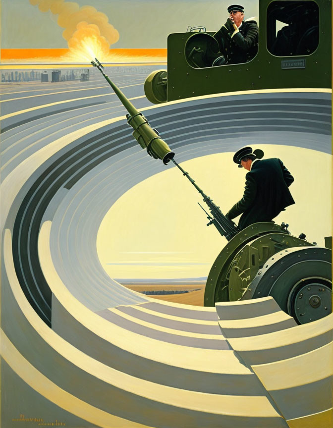 Art Deco style poster featuring man with large rifle, train, and conductor against orange sky