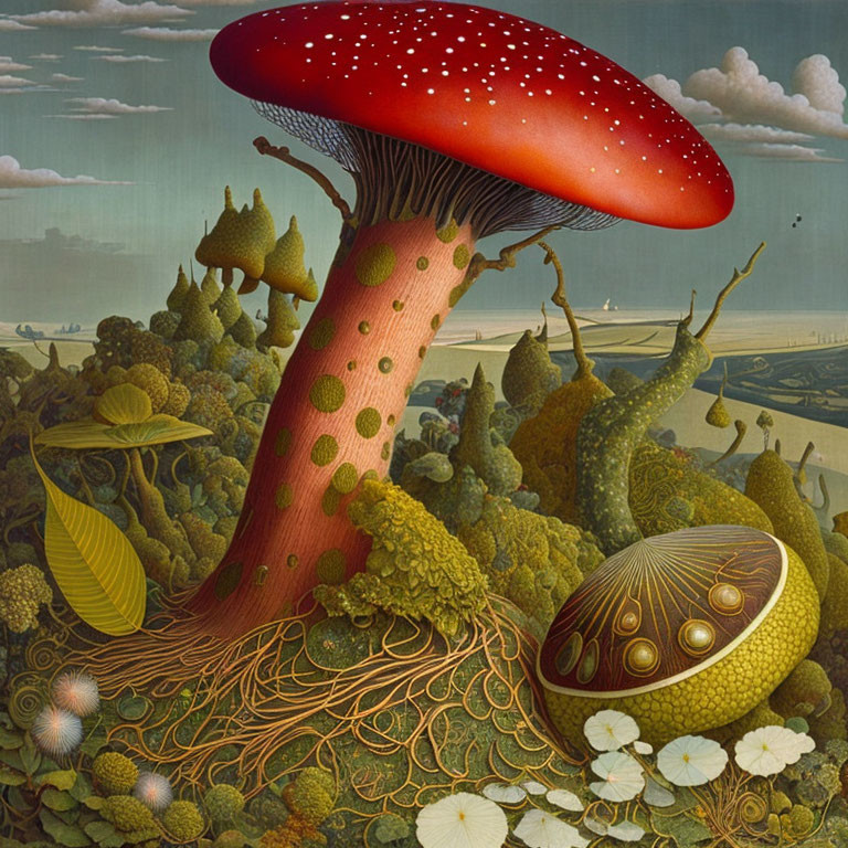 Surreal illustration of giant red-capped mushroom in detailed fantasy landscape