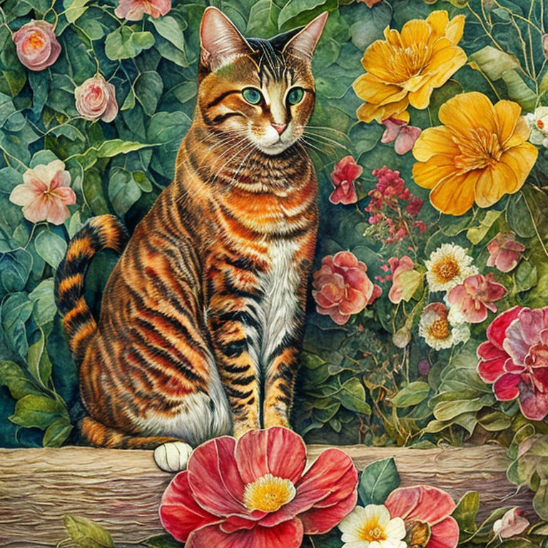 Colorful Striped Cat in Floral Background with Green Eyes