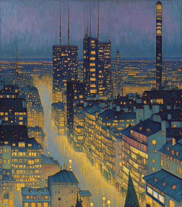 Stylized painting of densely populated city at night