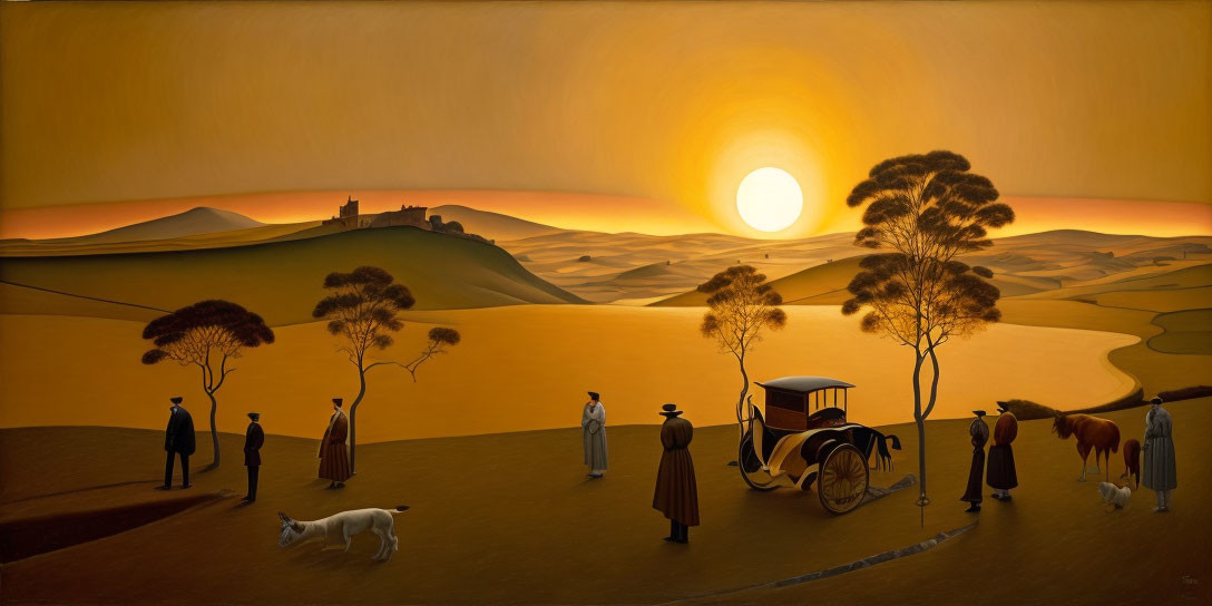 Vintage attire people, dogs, carriage in idyllic landscape