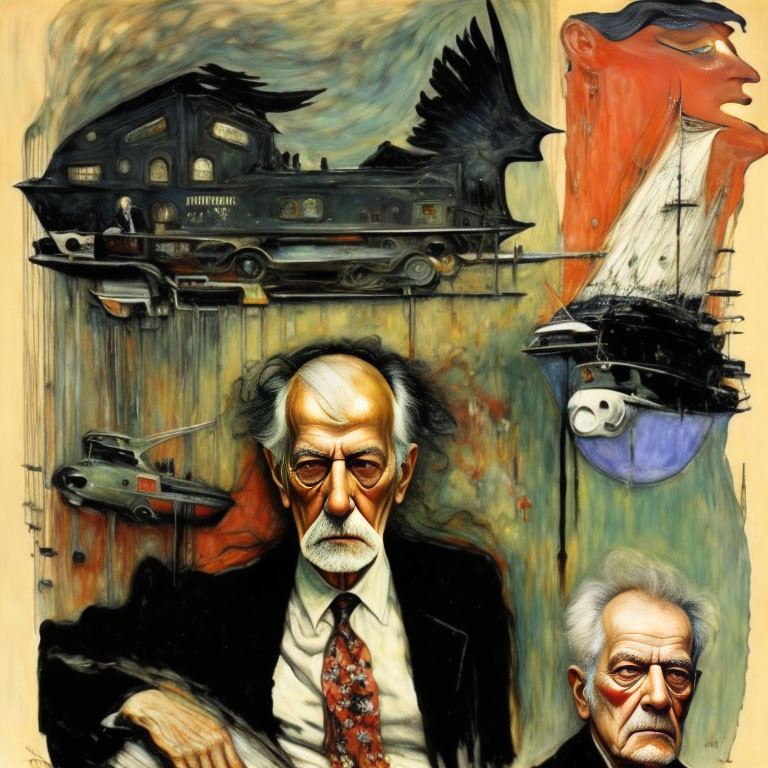 Surreal portrait collage featuring older man's faces with train, bird, ship, and submarine.