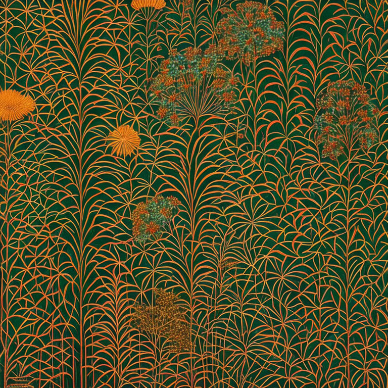 Botanical wallpaper pattern with green and orange interwoven stems, leaves, and stylized flowers