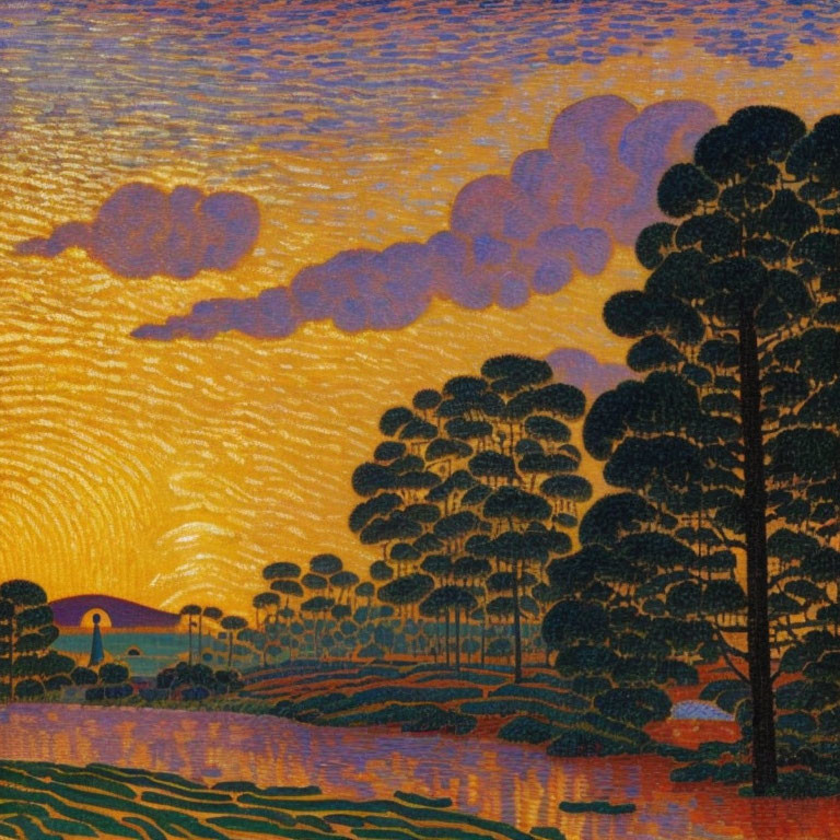 Vibrant sunset painting with orange and yellow hues, silhouetted trees, and calm water