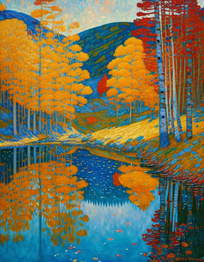 Autumn landscape painting: Blue lake, colorful trees, blue hills