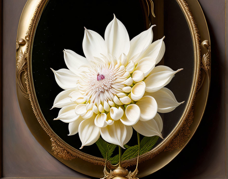 Detailed White Lotus Painting in Ornate Golden Frame