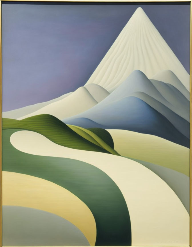 Stylized mountain peak and curving hills in soft green and yellow tones