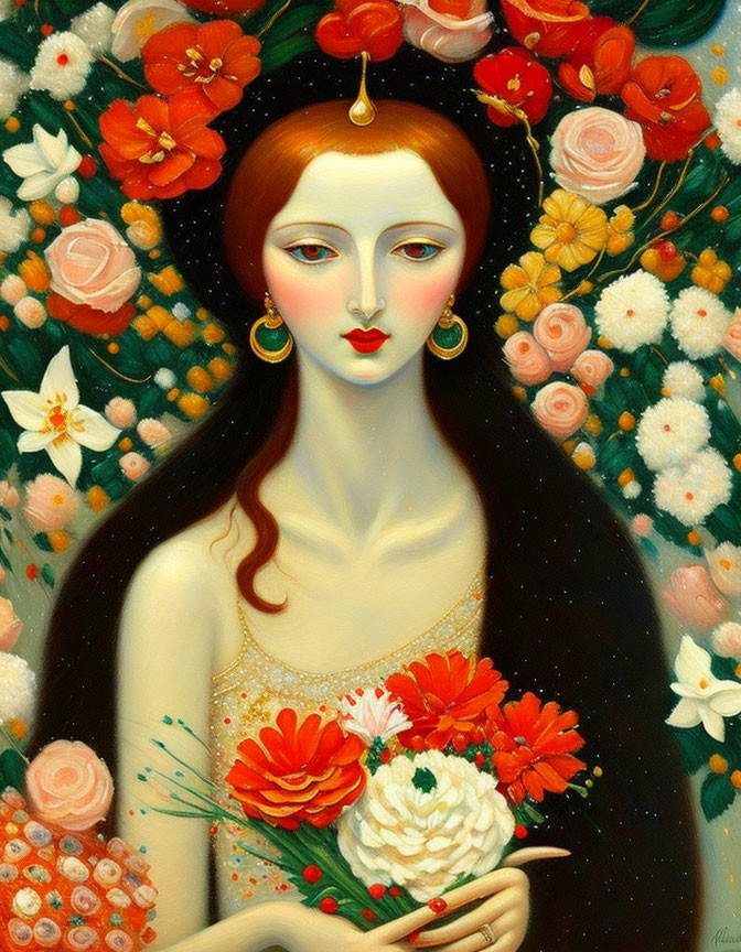 Portrait of Woman with Pale Skin and Red Lips Among Vibrant Flowers