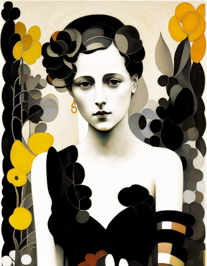 Stylized portrait of woman with pale skin and dark hair in abstract floral setting