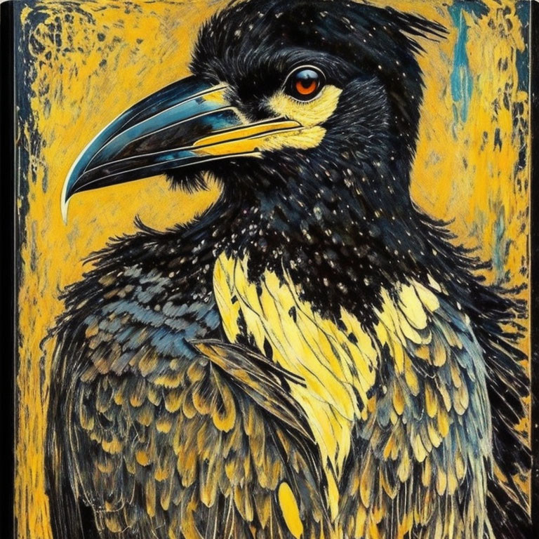 Detailed black and yellow bird painting on textured golden background