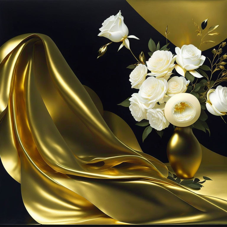 Luxurious White Roses and Golden Leaves Composition on Dark Background