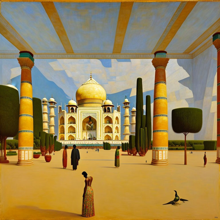 Surrealist painting of Taj Mahal with distorted scale and colorful patterns