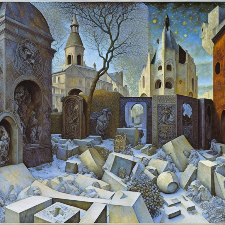 Surreal winter scene with architectural elements and stonework under starry sky