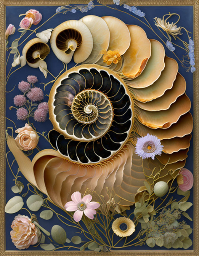 Nautilus Shells and Blooming Flowers on Dark Blue Background