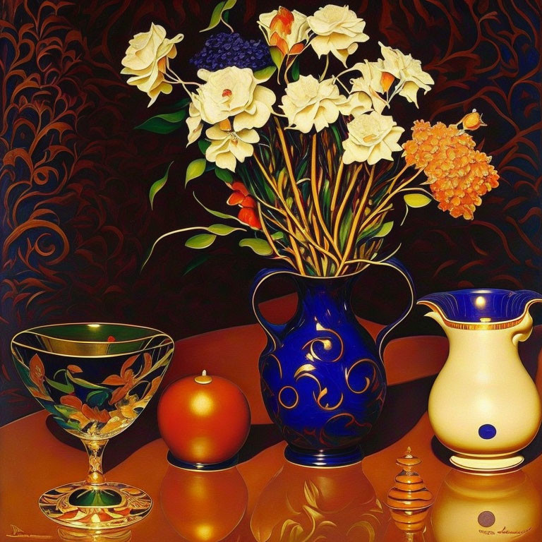 Still Life Painting: Flowers in Blue Vase, Candle, Jug, and Glass on Reflective Surface