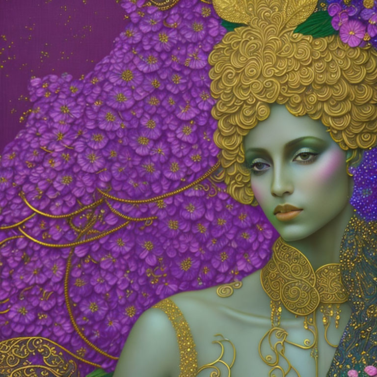 Digital artwork: Woman with purple floral hair on gold, purple background.