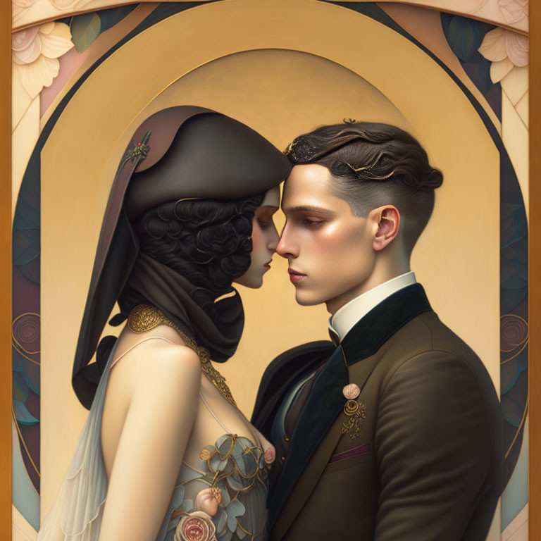 Stylized illustration of couple with vintage fashion and intricate hairstyles