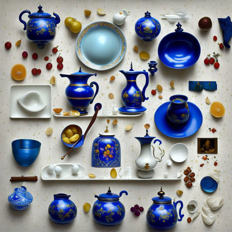 Blue and White Porcelain Tableware with Citrus Fruits and Nuts on Neutral Background