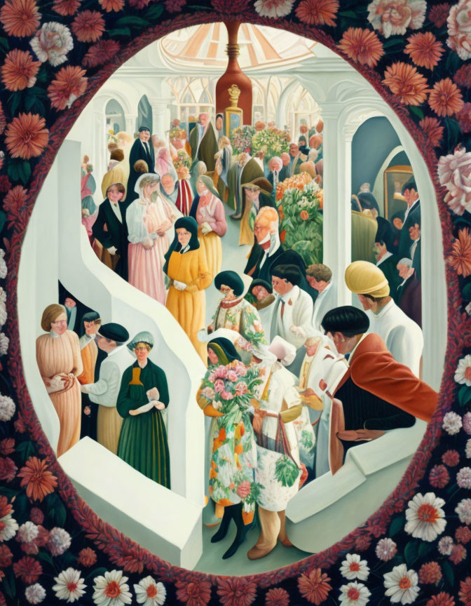 Detailed painting of diverse group at indoor gathering with lush vegetation and floral border