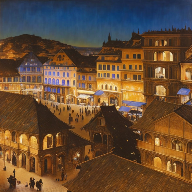 Town square at twilight: bustling with people, ornate buildings, warm lights, hills in background